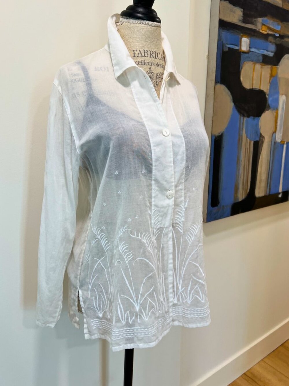 🤍 Valerie Stevens Sheer 100% Cotton Voile Embroidered Blouse M Petite NWOT 🤍